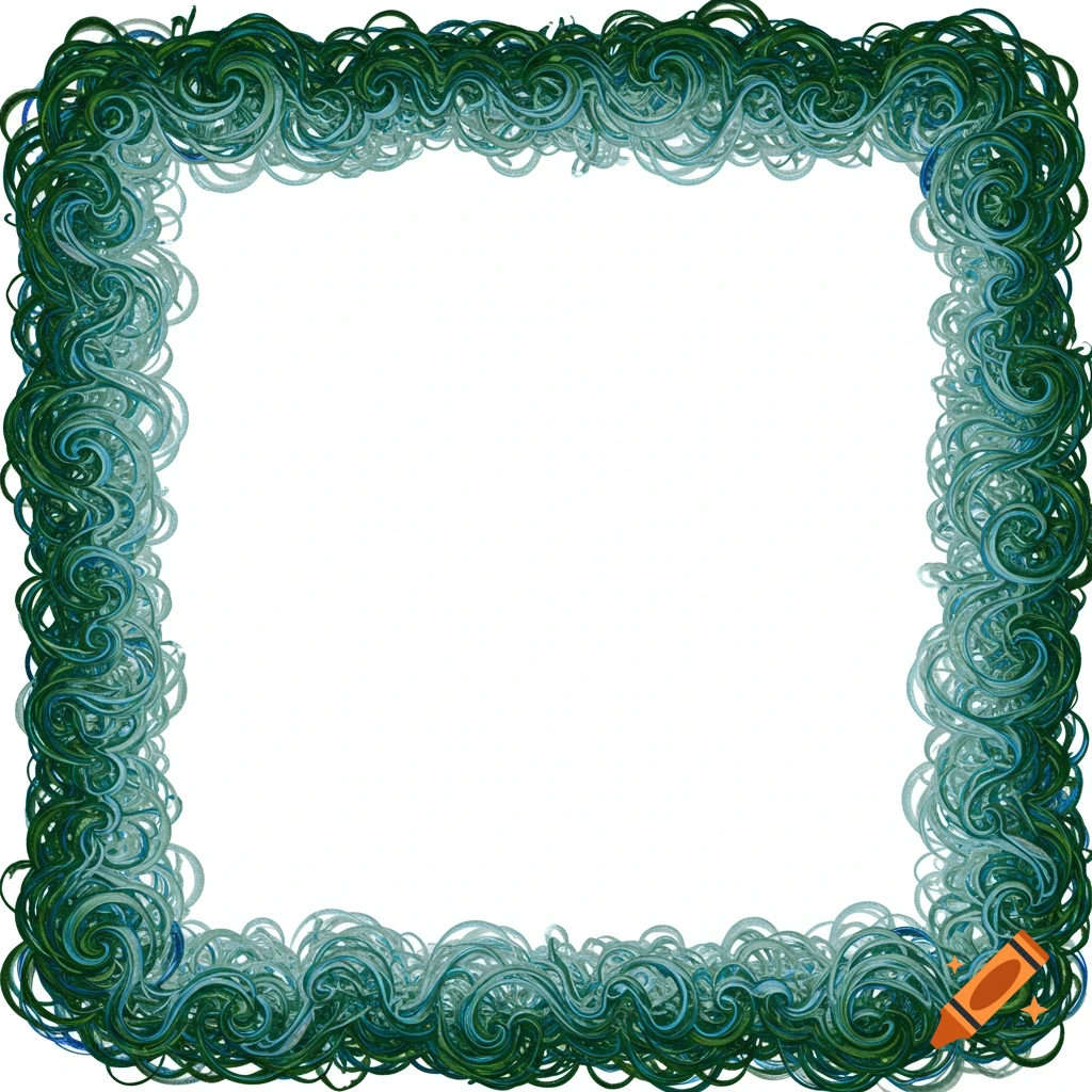 An intricate decorative border of intertwining green, blue, and gray swirls.