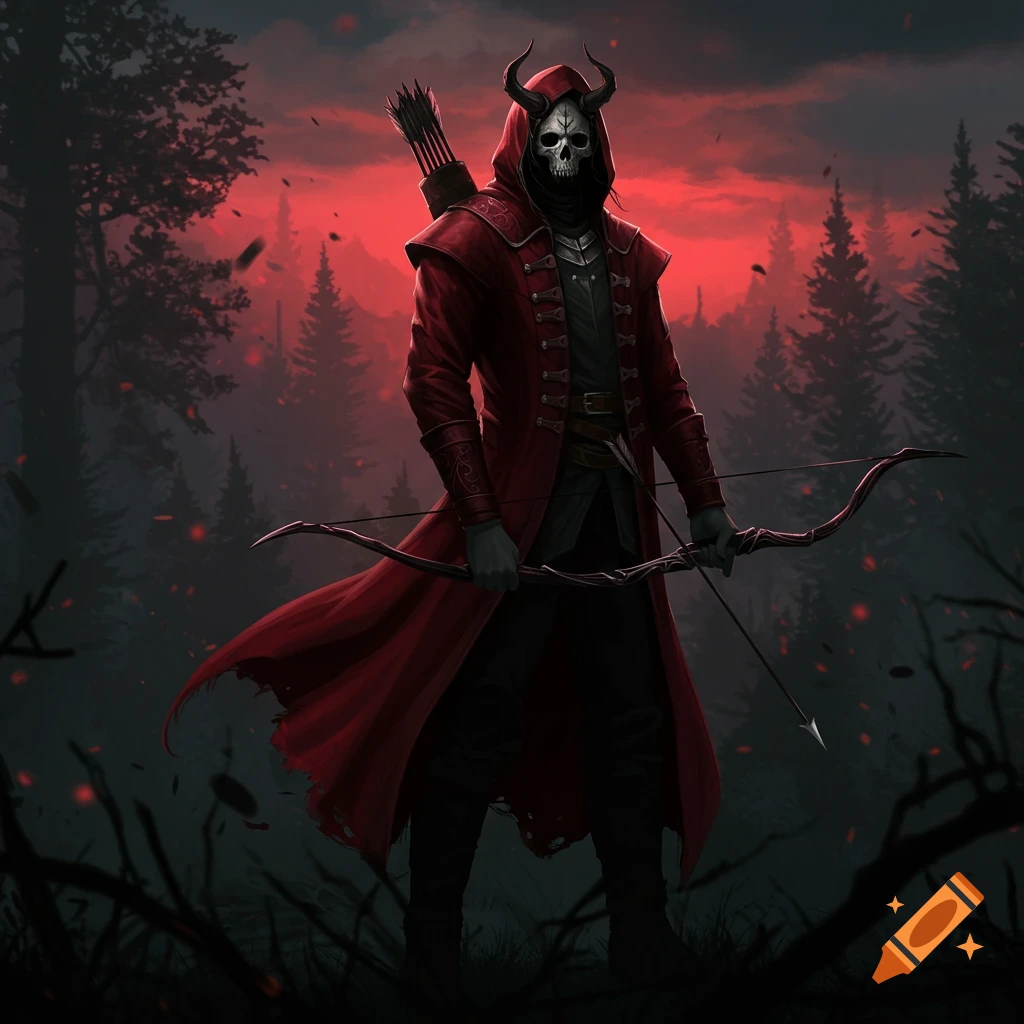 A hooded archer in a red coat and skull mask with horns stands in a dark forest with a red sky.