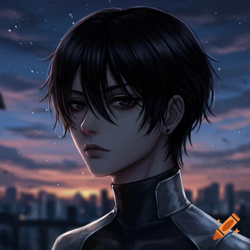 An anime-style boy with black hair and dark eyes, wearing a dark suit ...
