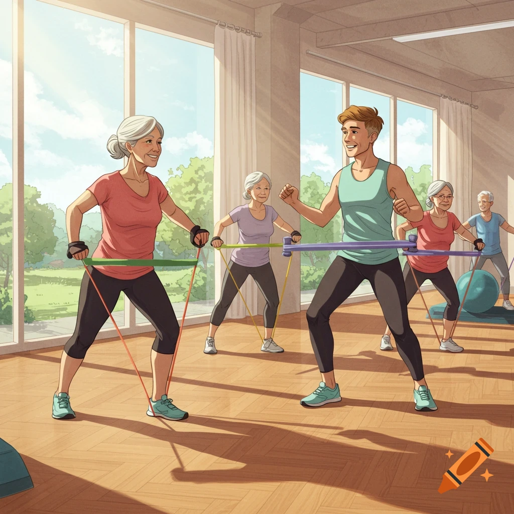 An instructor leads a group of seniors in a fitness class, using resistance bands in a bright gym with large windows.