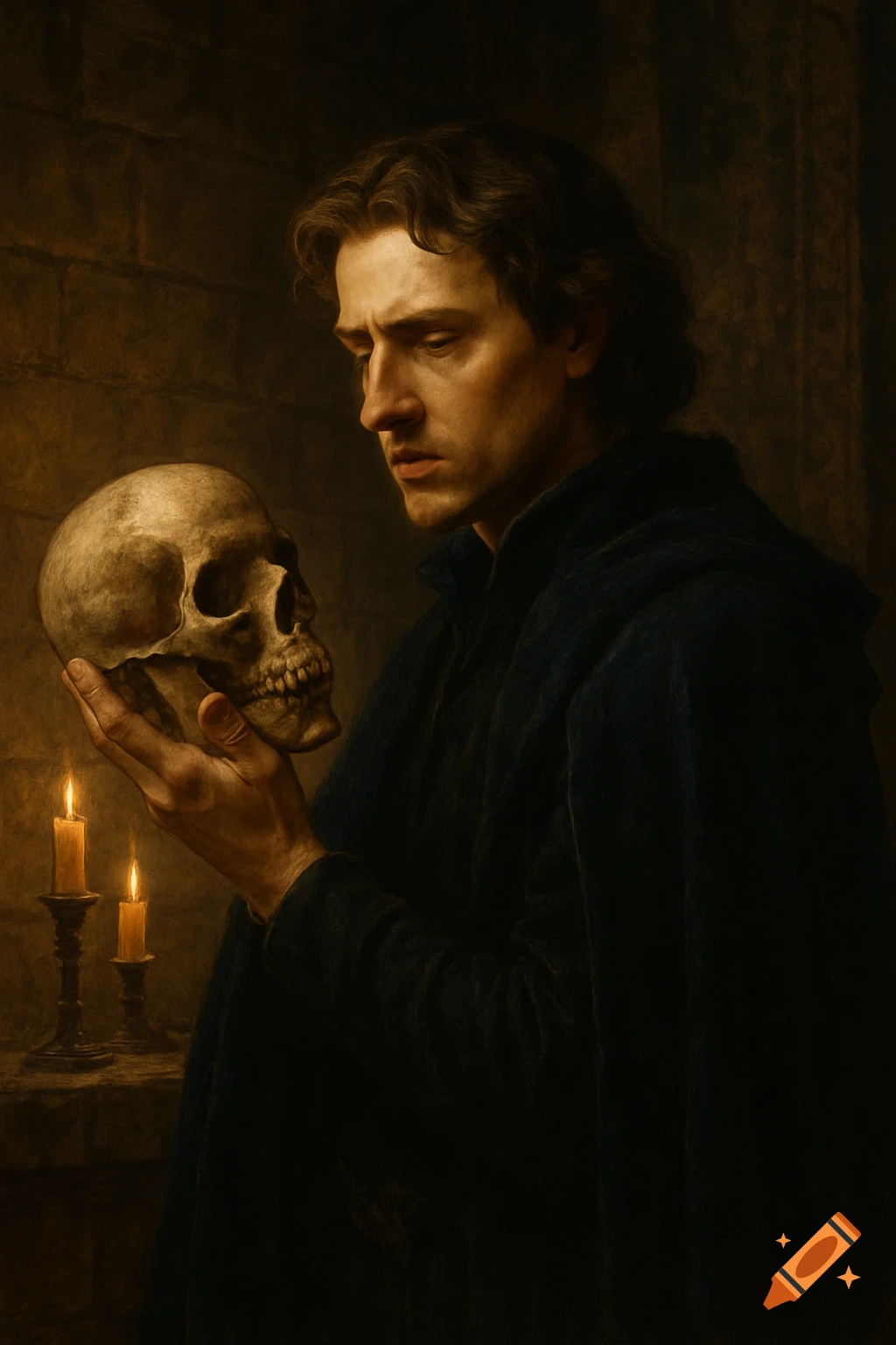 Man in a dark cloak holding a skull, lit by candlelight, in the style of a classical painting.