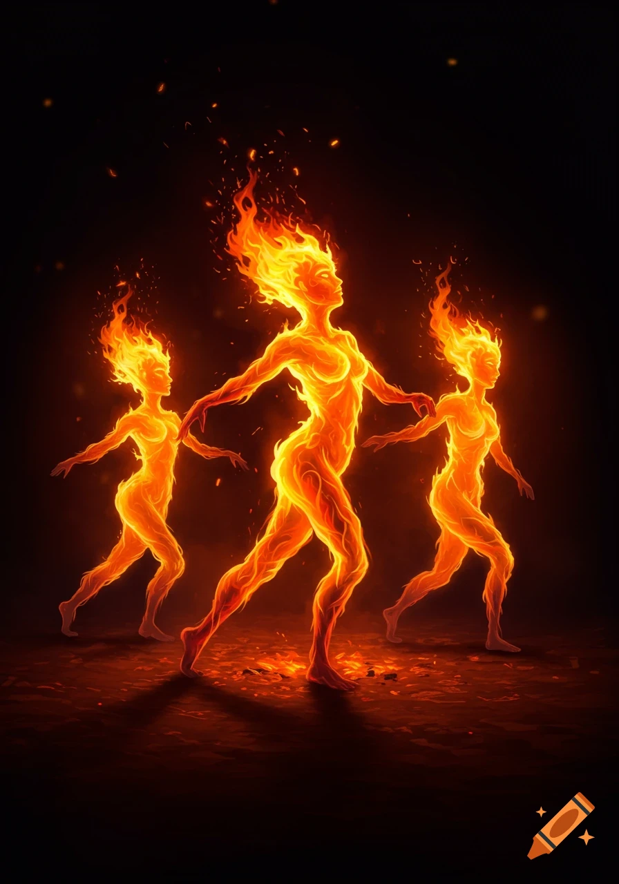 Three stylized flame figures, resembling women, dancing against a dark background with embers.