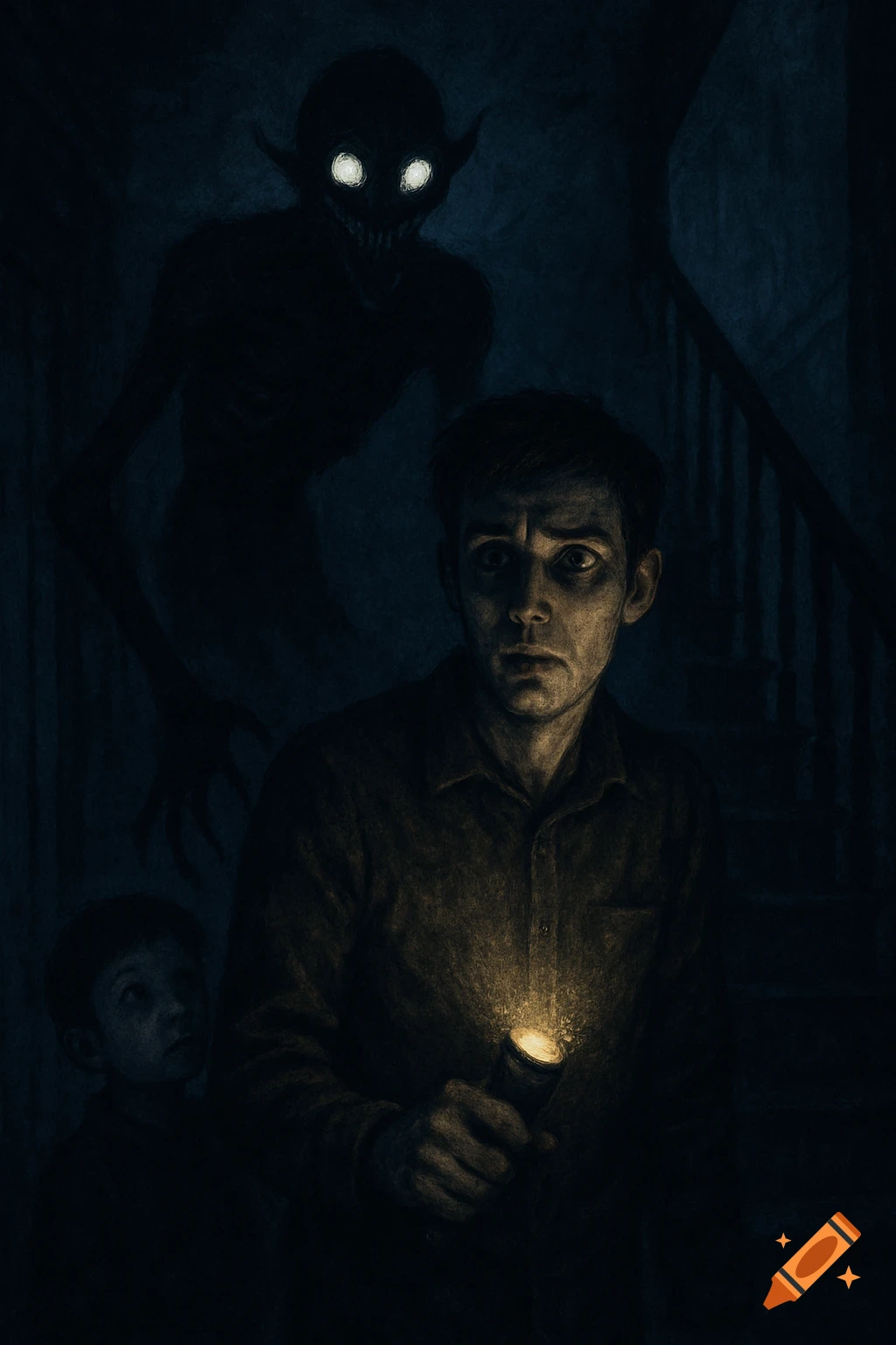 An anxious man with a flashlight and a child stand in a dark, eerie hallway as a shadowy monster with glowing eyes looms behind them.