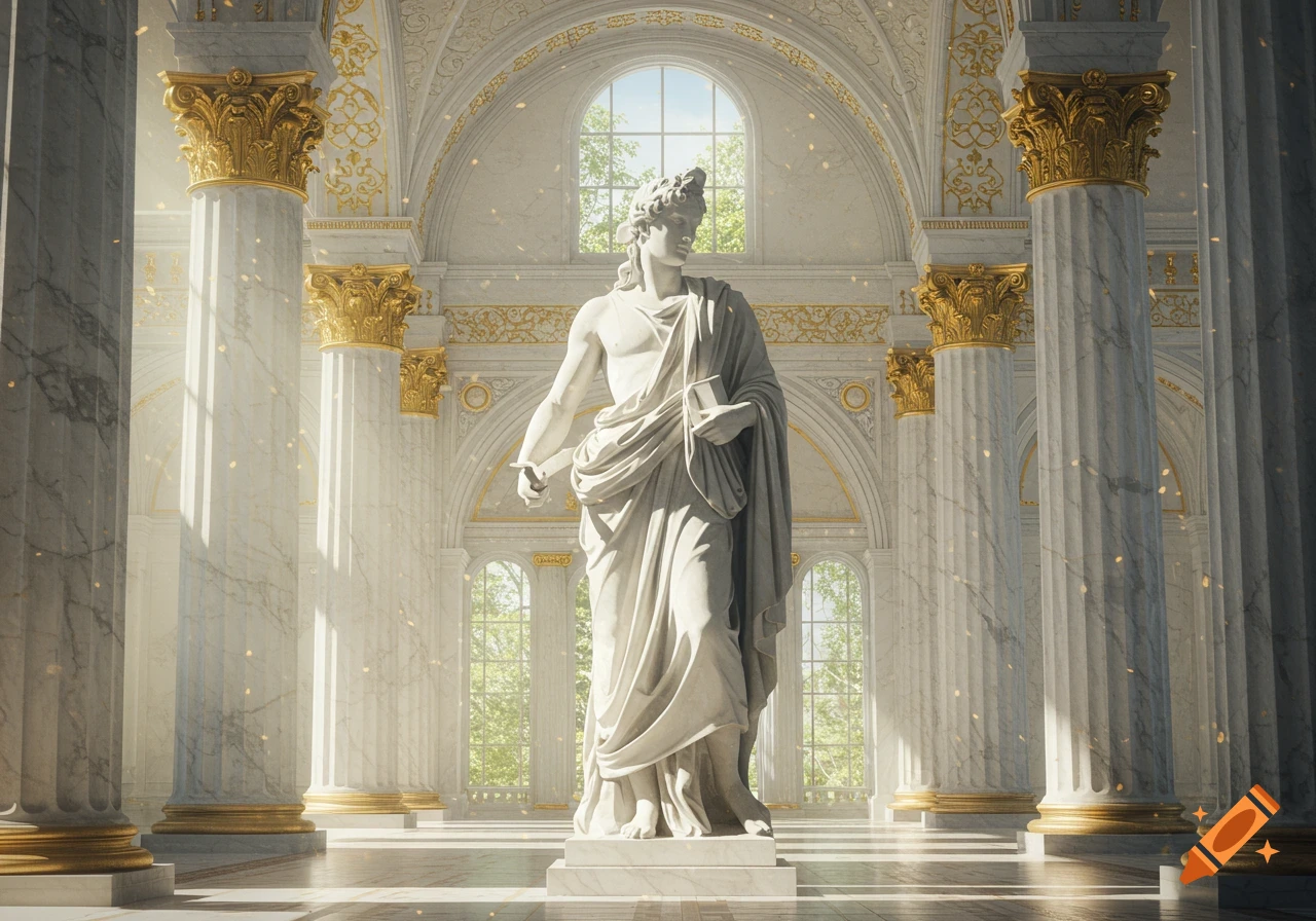 A marble statue of a robed man stands in a grand, ornate hall with columns and large windows.