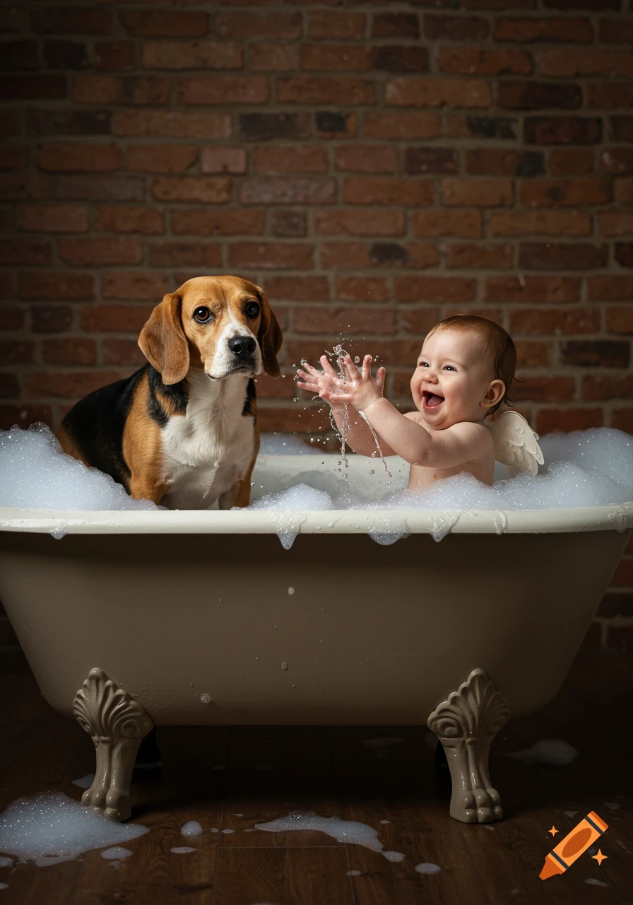 A photorealistic image of a beagle dog and a happy baby splashing water in a bubble bath in a tub against a brick wall.