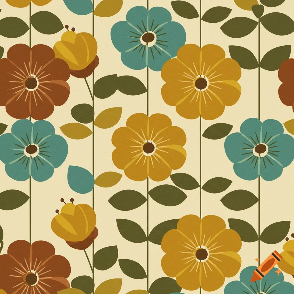 A seamless mid-century modern floral pattern featuring stylized brown, teal, and mustard yellow flowers with olive green leaves on a cream background.