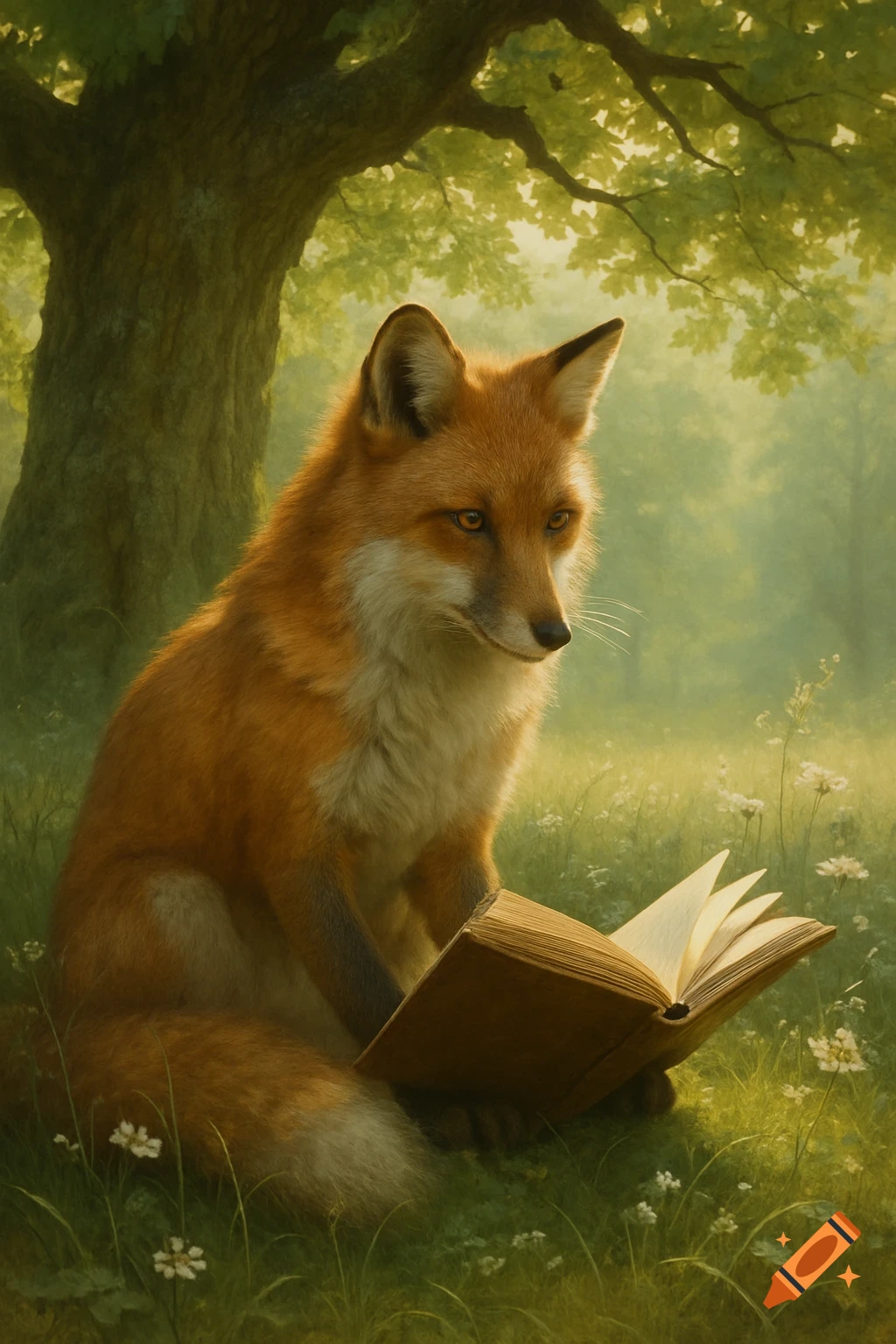A realistic red fox sits in a sunlit forest clearing, looking at an ...