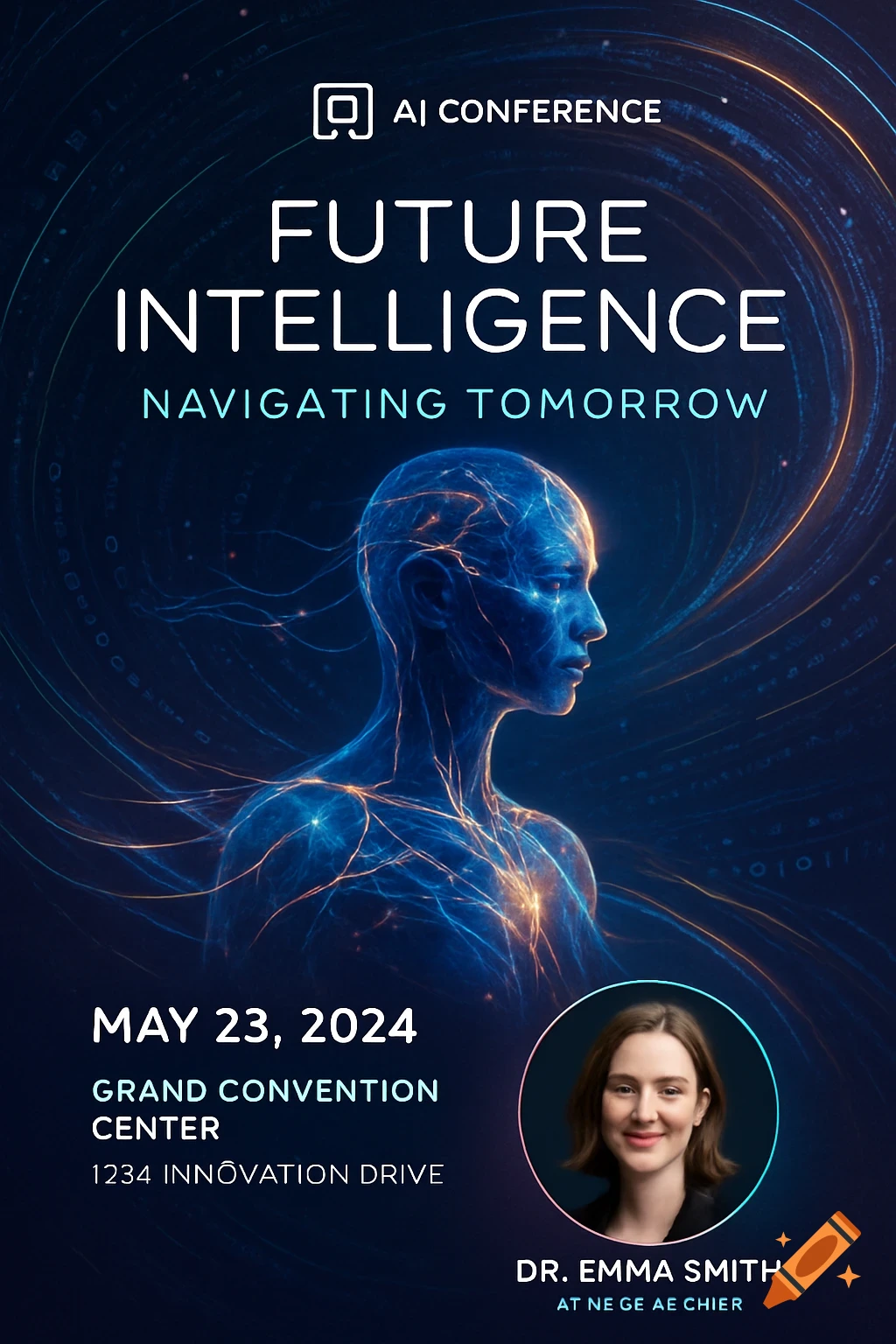 An AI conference poster featuring a glowing blue human silhouette with network lines, event details, and a headshot of speaker Dr. Emma Smith.