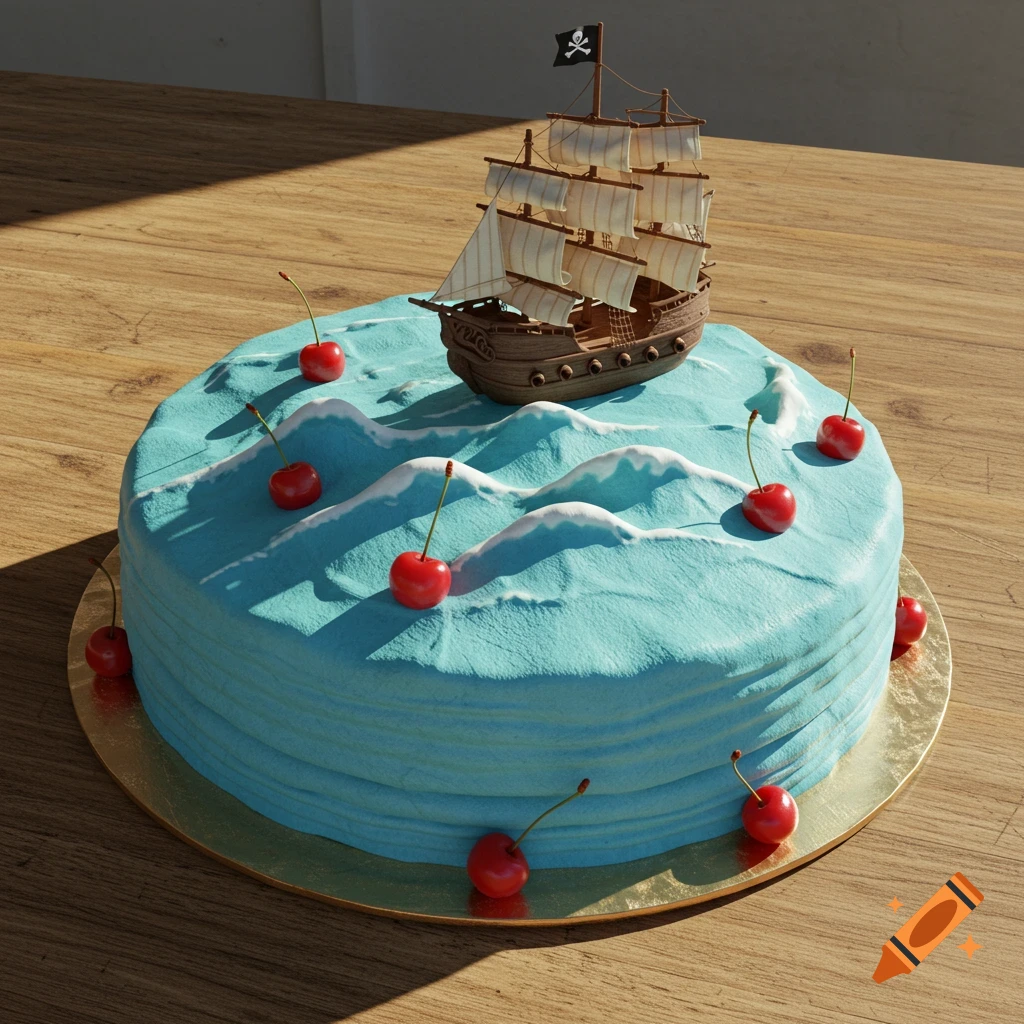 A photorealistic blue birthday cake, decorated with white waves, a pirate ship, and red cherries, on a wooden table.