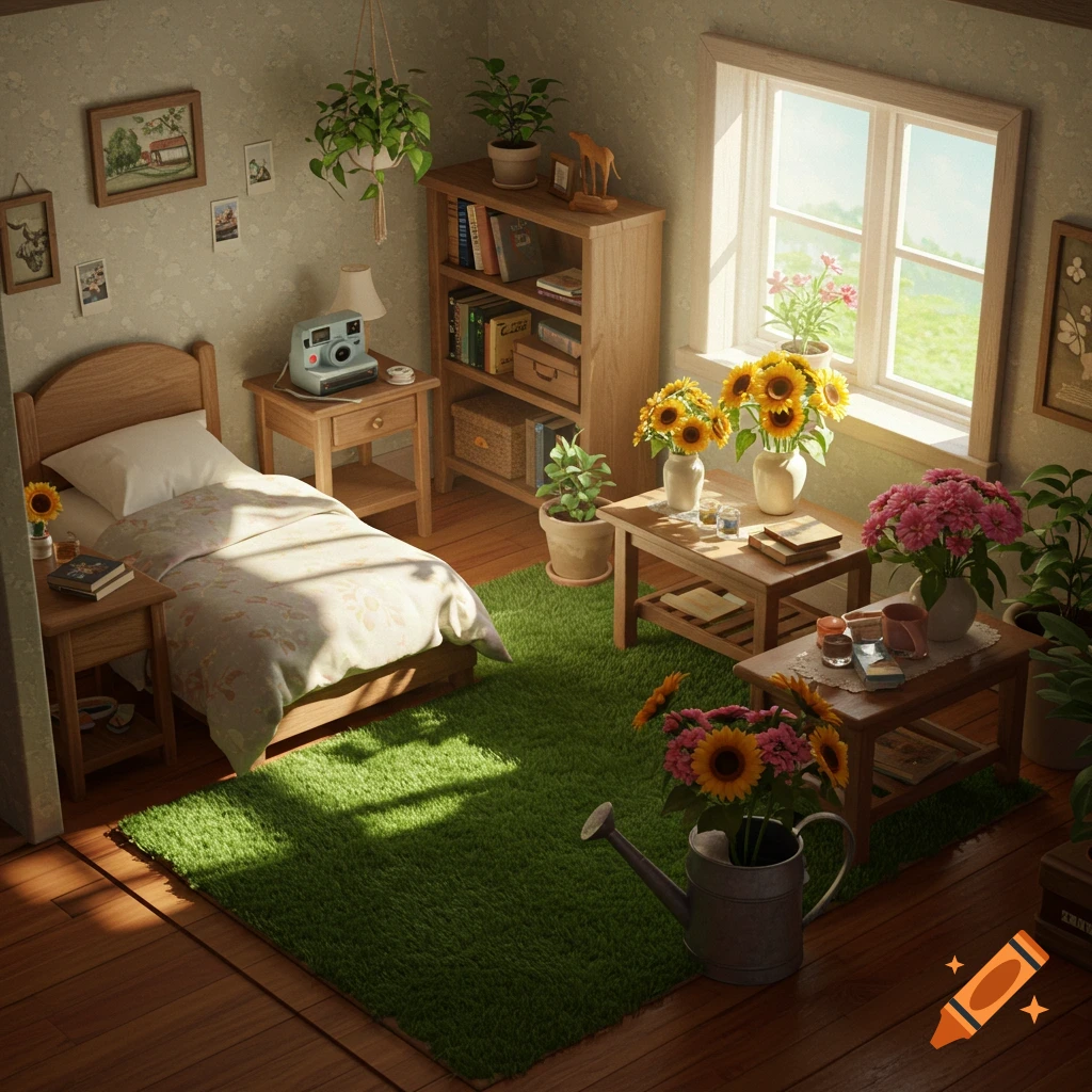 A cozy, vintage cottagecore bedroom with a single bed, bookshelf, window, green rug, and various plants and flowers.