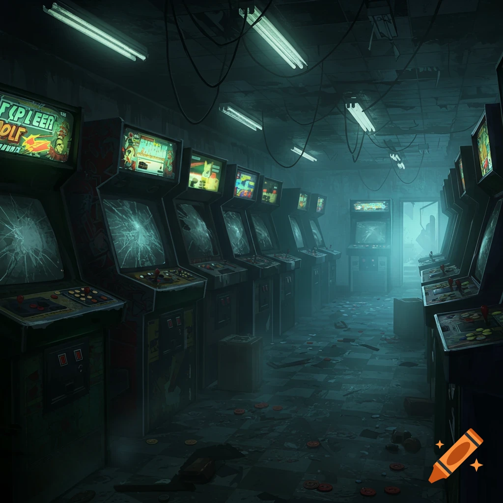 A dark, abandoned arcade with rows of broken, glowing arcade machines and debris scattered on the floor, lit by dim fluorescent lights.