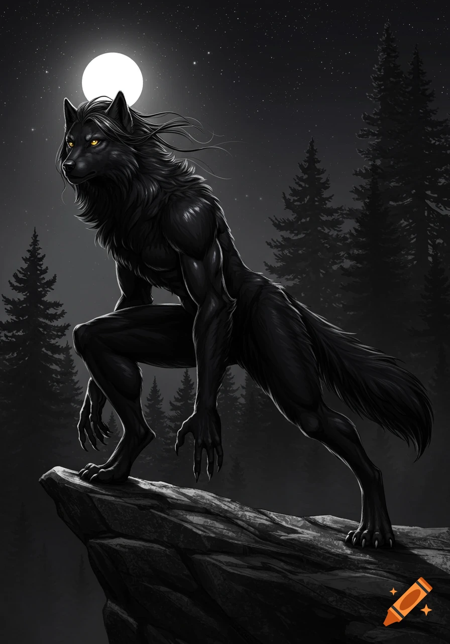A muscular, black-furred werewolf with glowing yellow eyes crouches on a rocky cliff under a full moon in a dark forest at night.