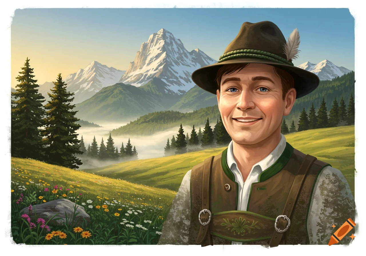 Smiling man in traditional Austrian attire with a feathered hat, standing in an Alpine landscape with mountains, forests, and misty valleys.