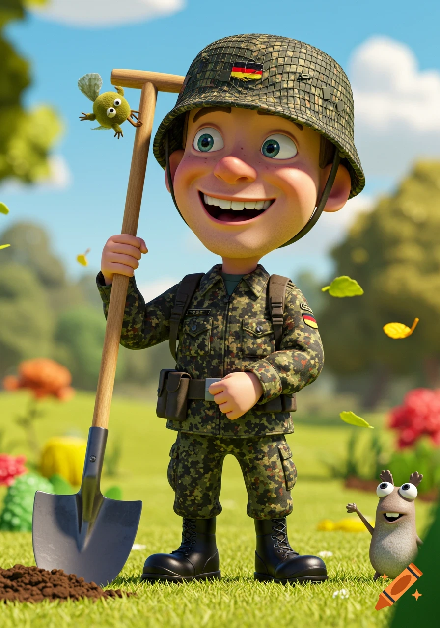 A smiling cartoon soldier in a German uniform holds a spade in a sunny field with tiny creatures.
