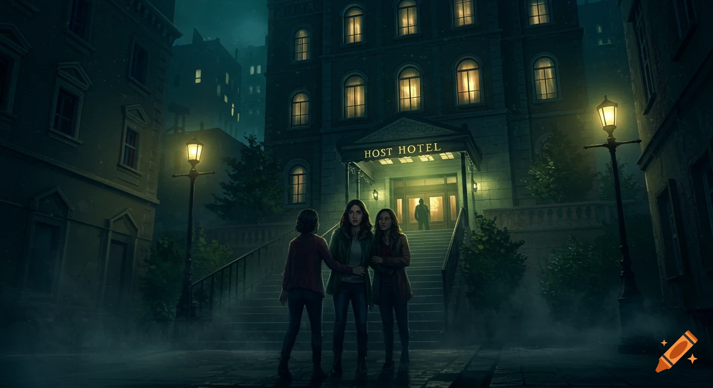 Three women stand on a dark street in front of an eerie hotel at night, with a shadowy figure in the entrance.