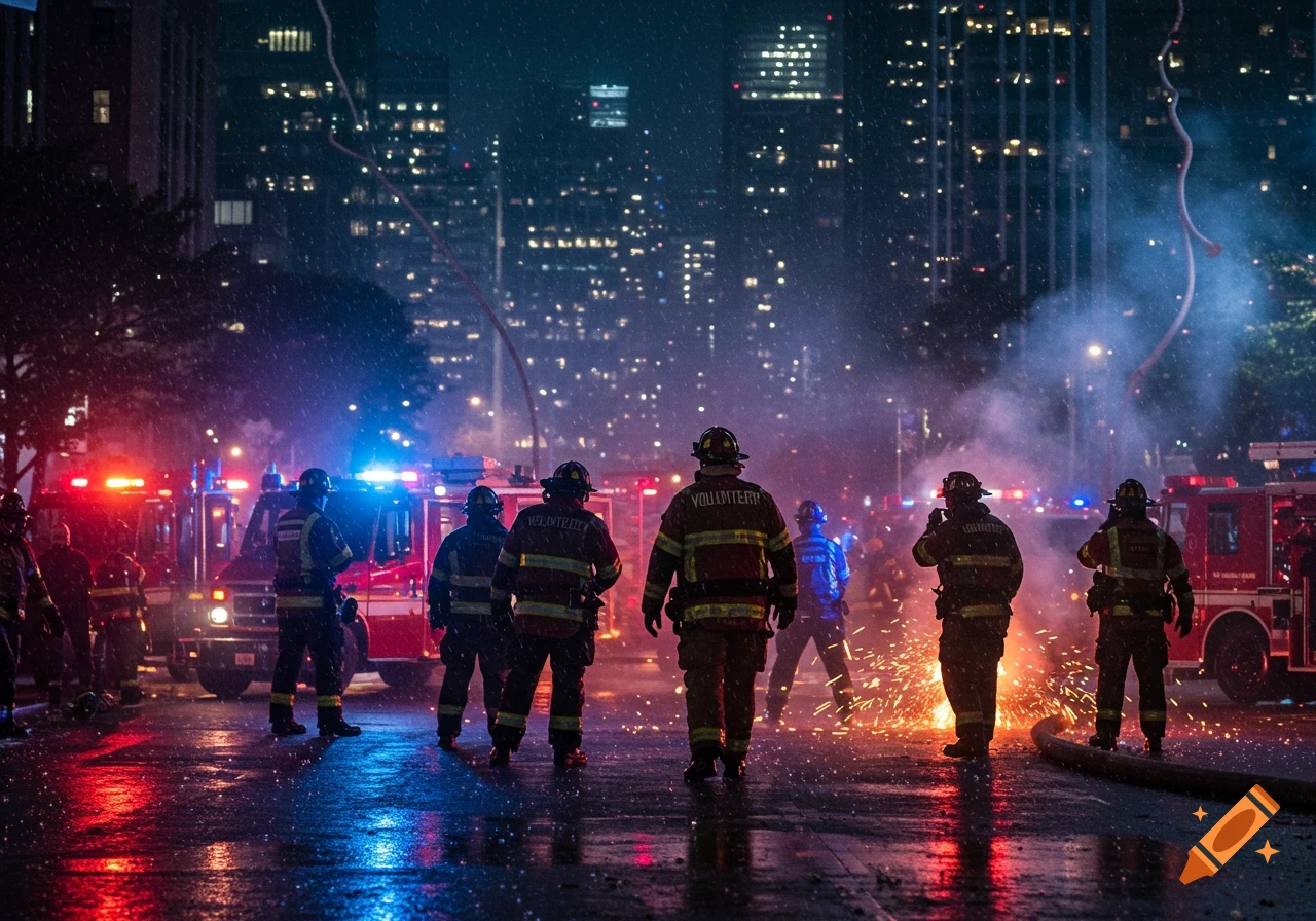 Firefighters stand on a wet street at night amidst smoke and emergency vehicle lights, with a city skyline in the background.