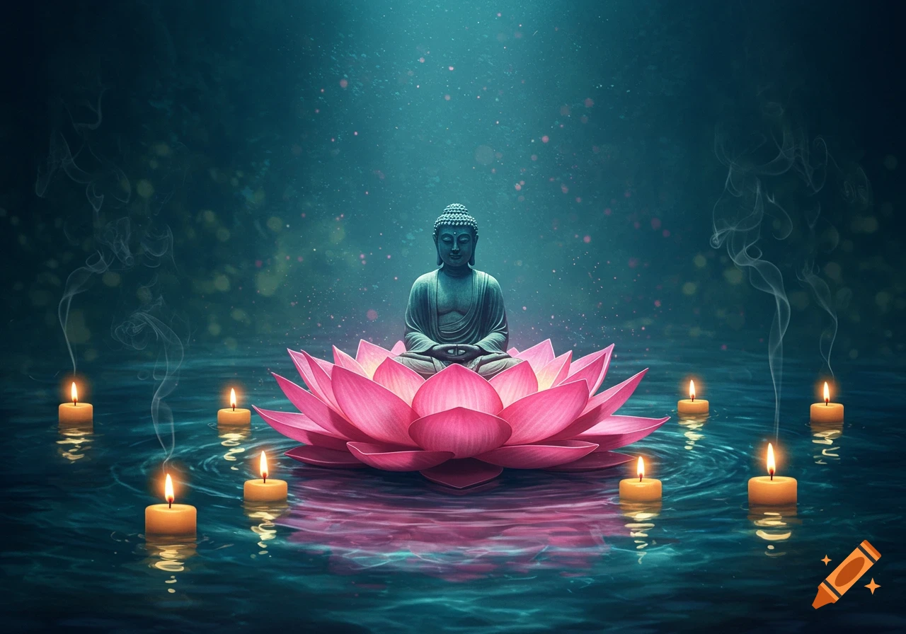 A serene Buddha statue on a vibrant pink lotus flower floats on calm blue water, surrounded by glowing candles.