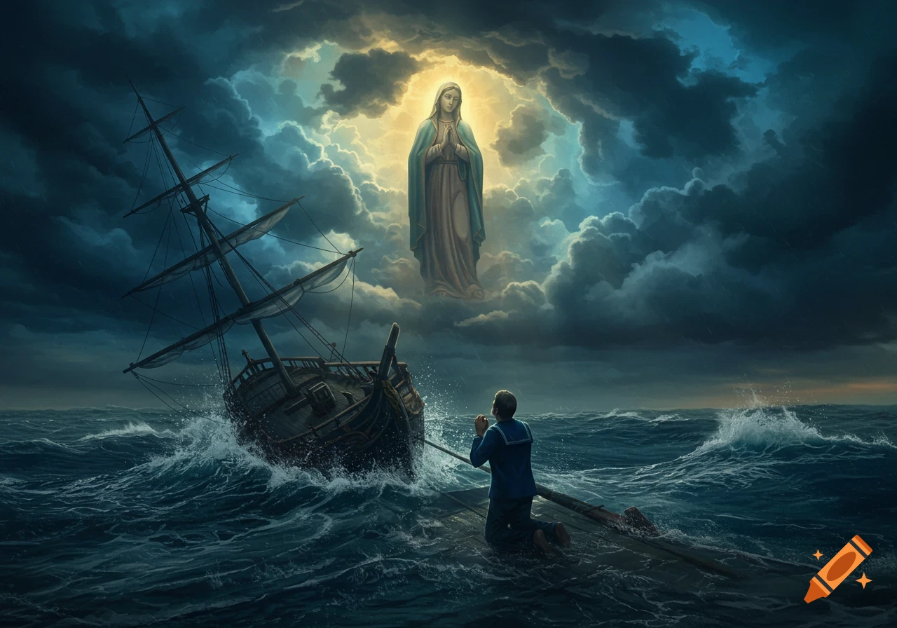A dramatic painting of a sailor kneeling in a sinking boat amidst stormy seas, looking up at the Virgin Mary glowing in the dark clouds above.
