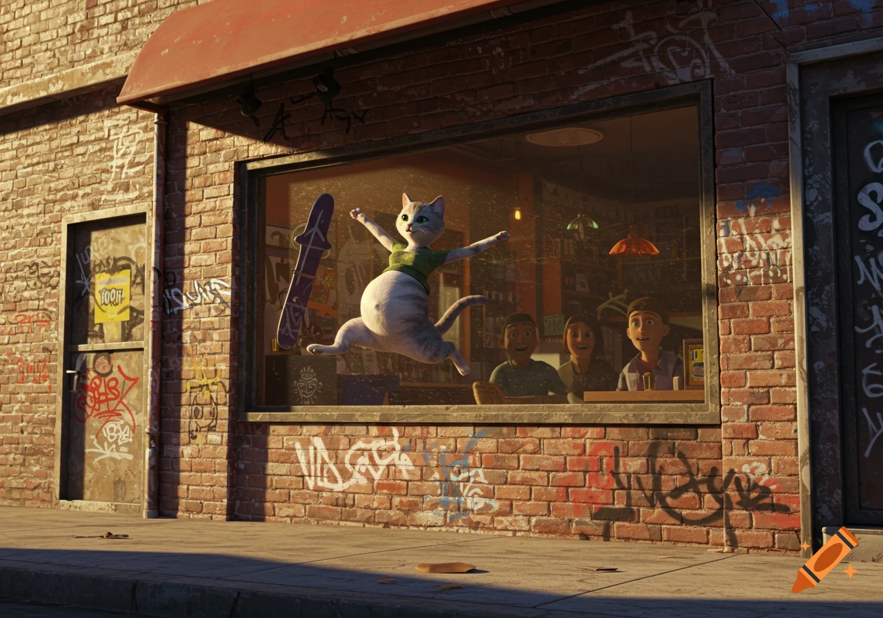 A stylized cartoon pregnant cat in a green shirt performs a kickflip on a skateboard outside a brick cafe, as people watch from inside.