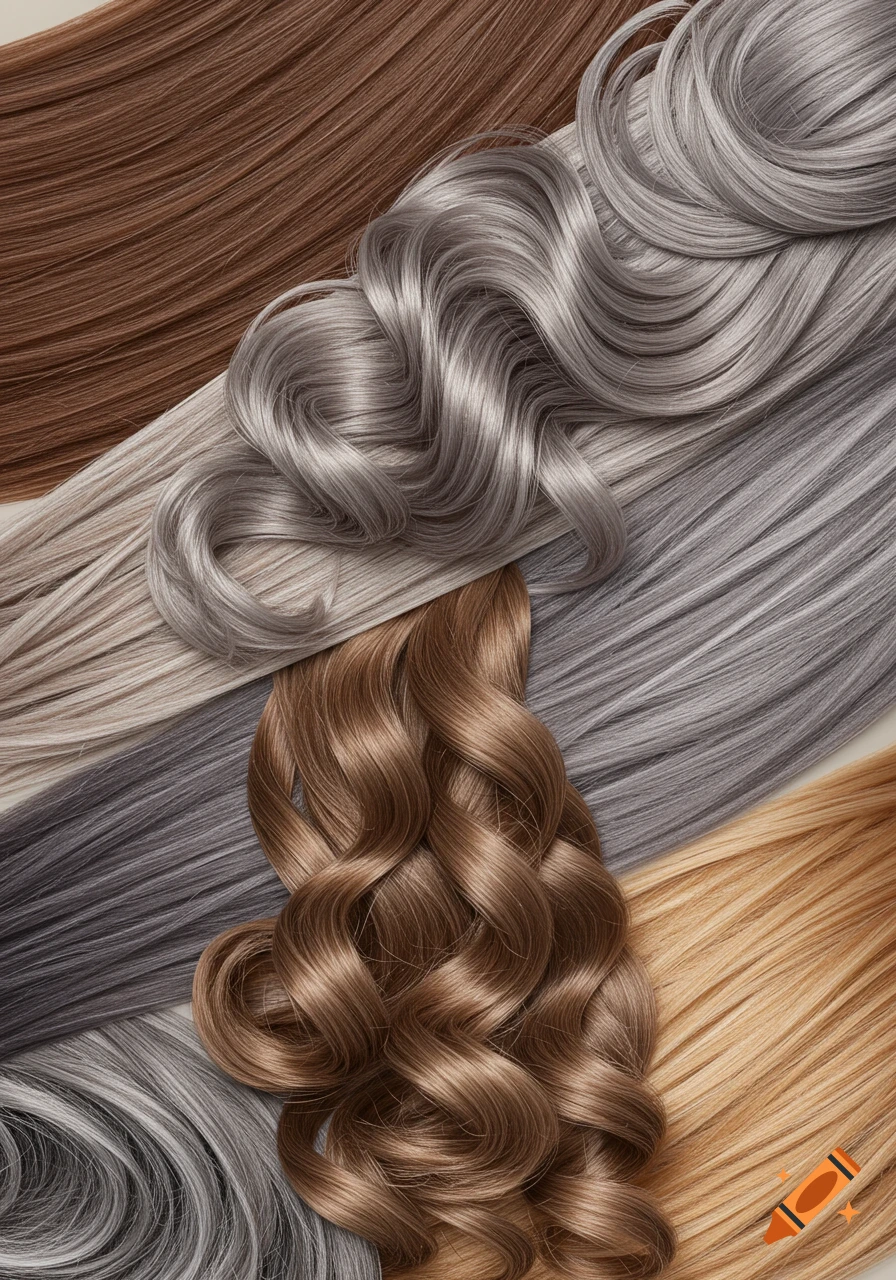 A close-up view of various hair textures and colors, including wavy grey, straight brown, curly light brown, and straight blonde.