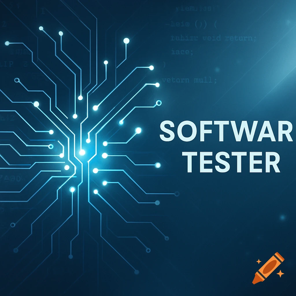 Glowing blue circuit board design on a dark background with white text 'SOFTWARE TESTER' and faint code.