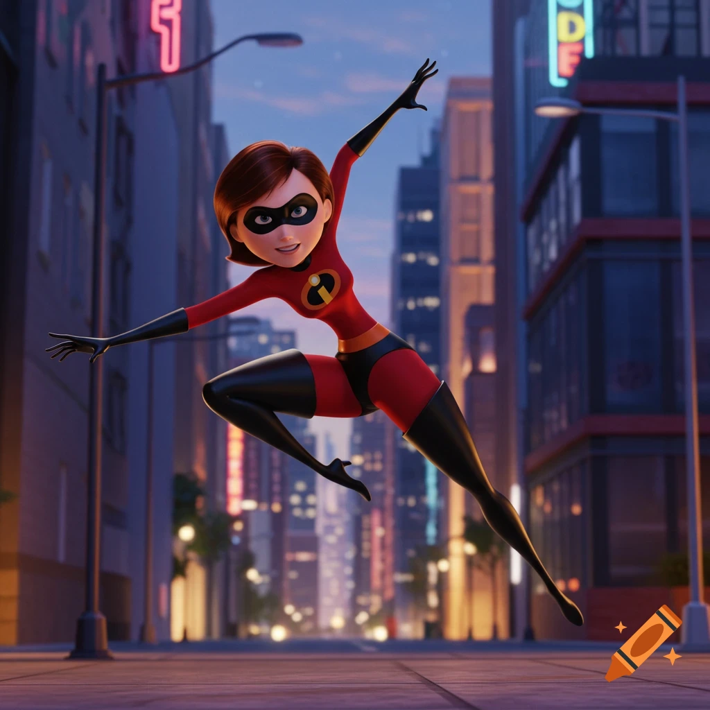 Elastigirl, a female superhero, in her red and black suit, poses mid-air against a city skyline at dusk in a Pixar animation style.