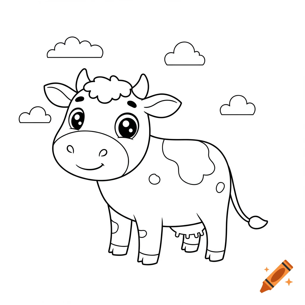 Outline drawing of a cute cartoon cow with clouds, for a coloring book.
