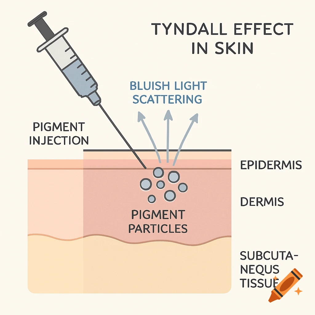 Medical diagram illustrating the Tyndall effect in skin with pigment injection, showing epidermis, dermis, subcutaneous tissue, and bluish light scattering.