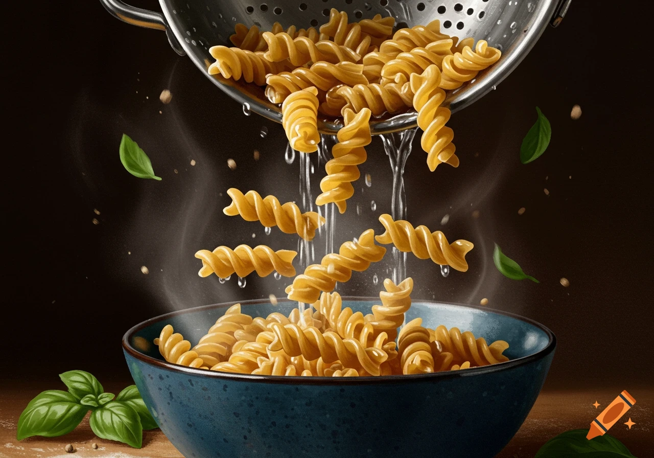 Cooked rotini pasta drains from a metal colander into a blue bowl, with steam and basil leaves against a dark background.