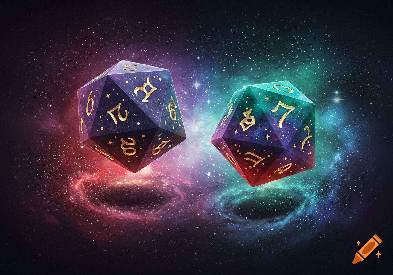 Two stylized polyhedral dice, one purple and one teal, float in a vibrant cosmic galaxy filled with stars and nebulae.