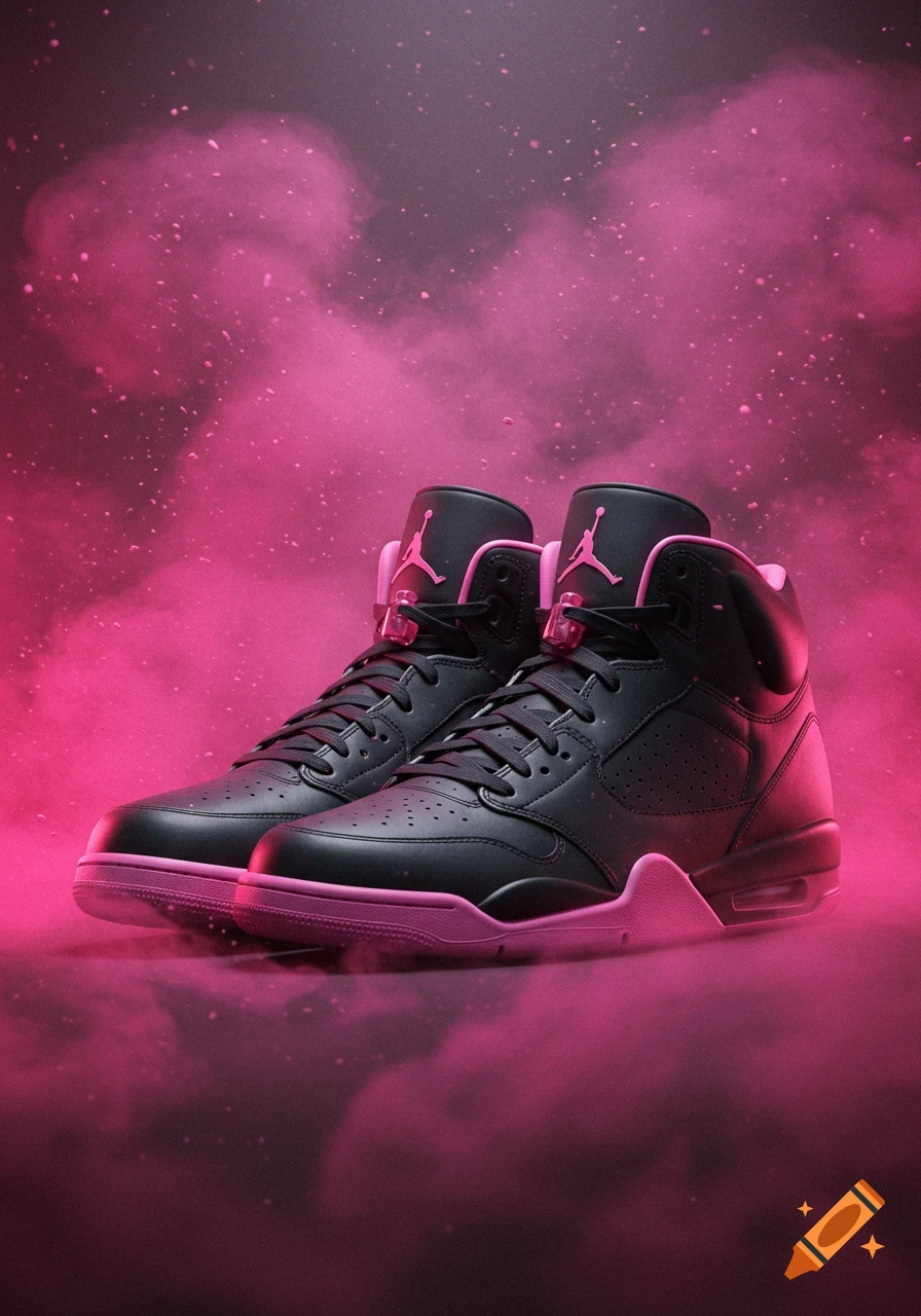 Black and pink Air Jordan sneakers standing in a cloud of pink dust against a dark background.