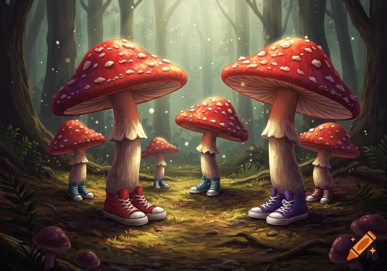 Vibrant red and white spotted mushrooms, wearing colorful Converse-style sneakers, stand in a magical forest with glowing particles.