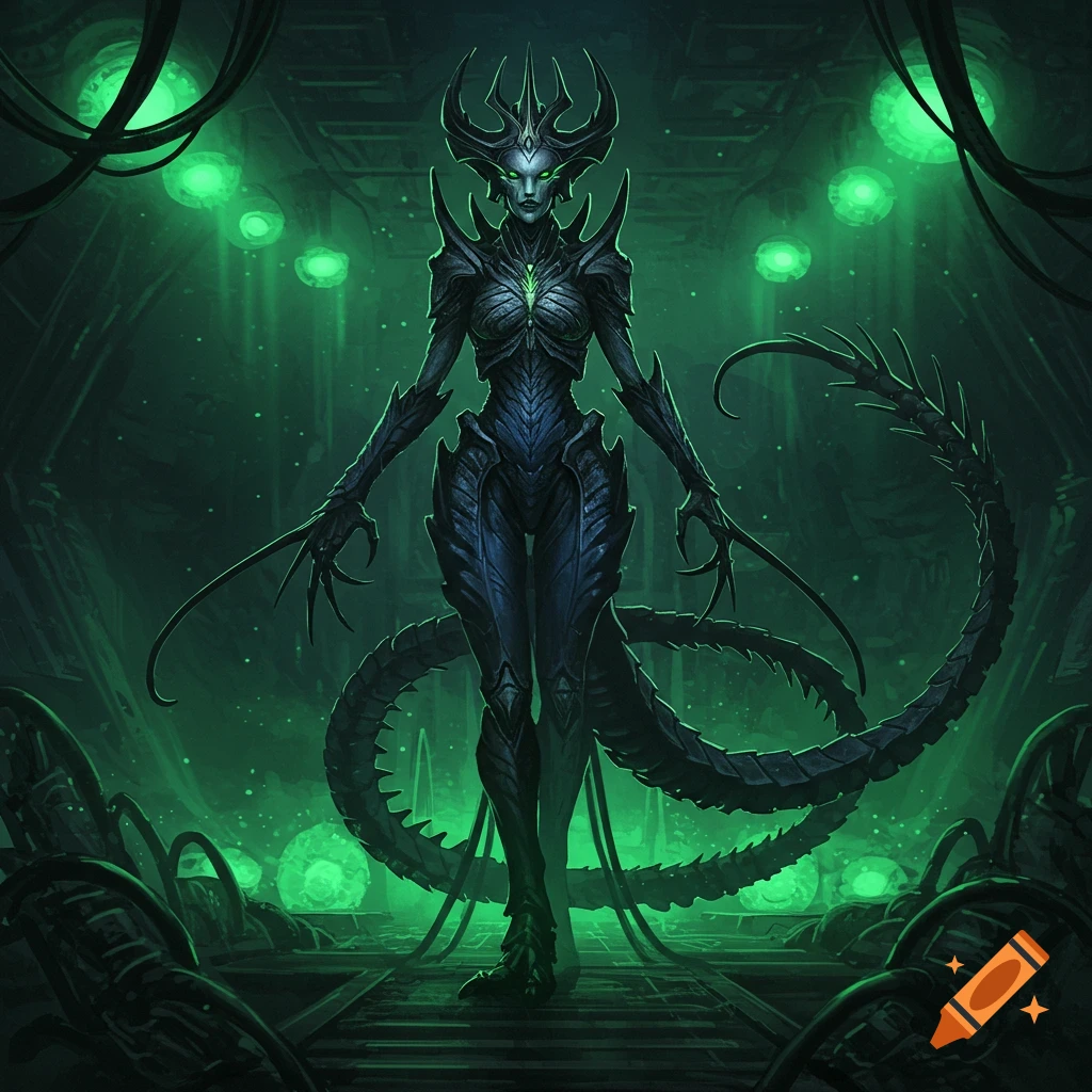 A regal, dark-armored alien queen with a segmented tail and sharp claws stands in a green-lit, futuristic chamber.