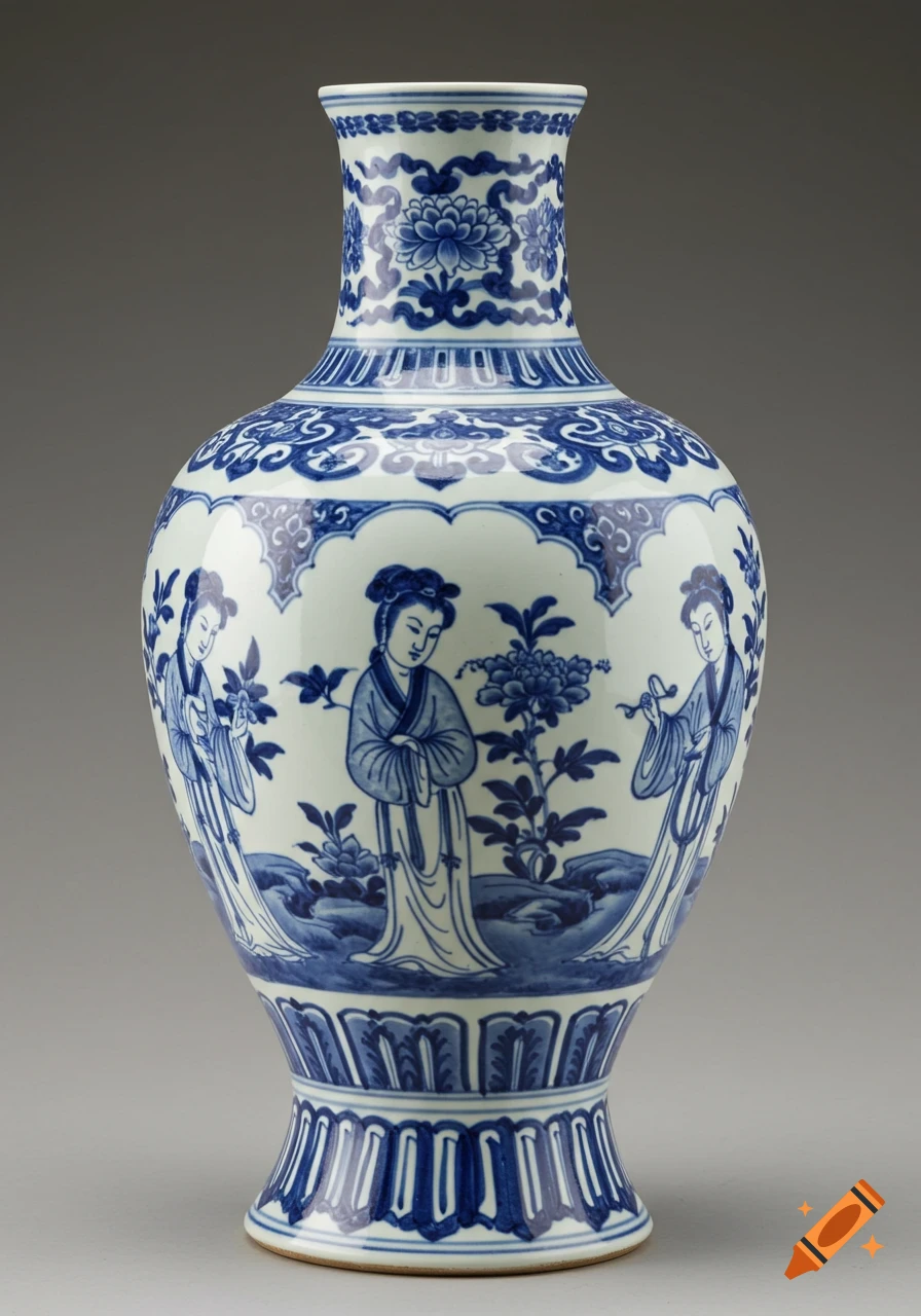 A detailed blue and white porcelain vase with elegant women and floral patterns, rendered in a traditional Chinese style.