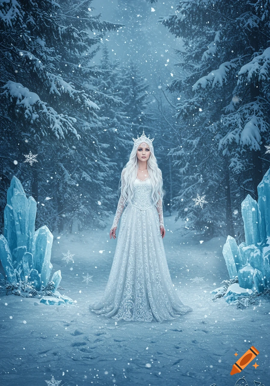 A white-haired snow queen in a white gown and crown stands in a snowy forest with ice crystals.