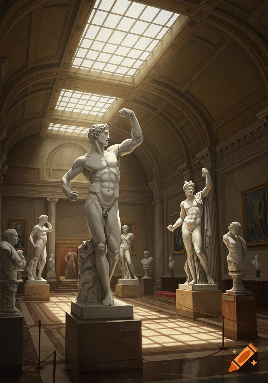 A grand museum hall filled with numerous classical marble statues, illuminated by sunlight streaming through a skylight.