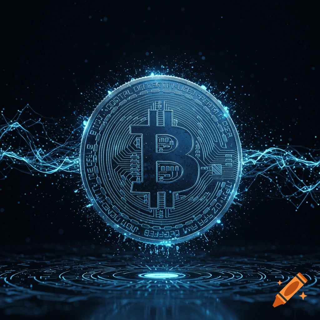 A glowing blue digital Bitcoin symbol coin with circuit board patterns, surrounded by electric energy on a dark background.