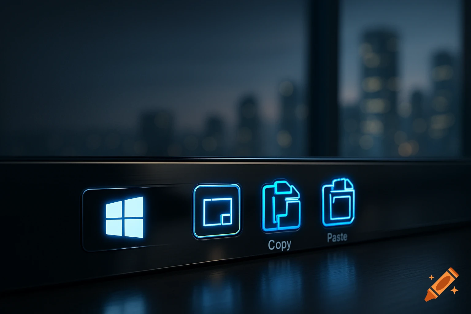 Close-up of a glowing Windows taskbar displaying icons for Windows, copy, and paste with a blurred city background.