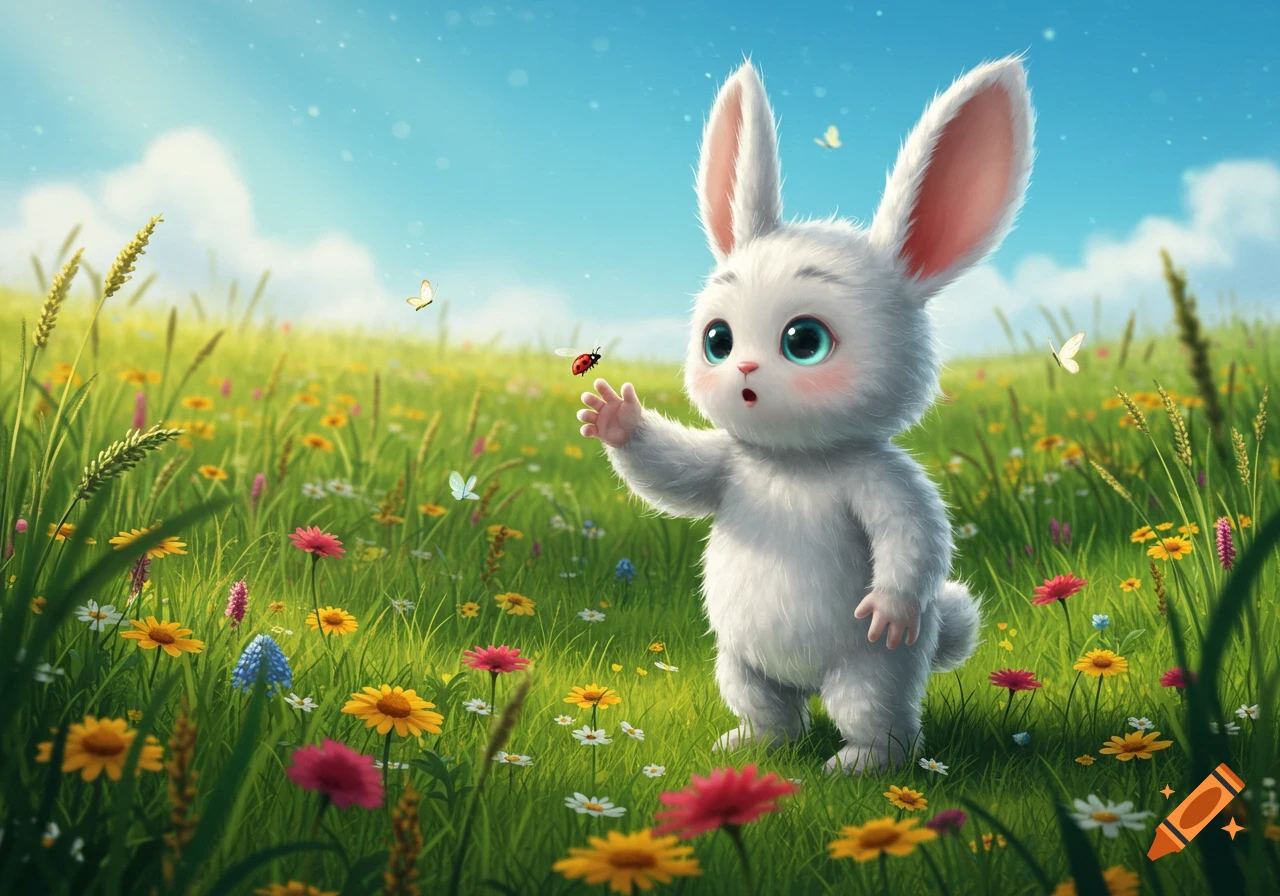 A fluffy white cartoon rabbit with big blue eyes stands in a vibrant green meadow filled with colorful wildflowers, reaching out to a ladybug.