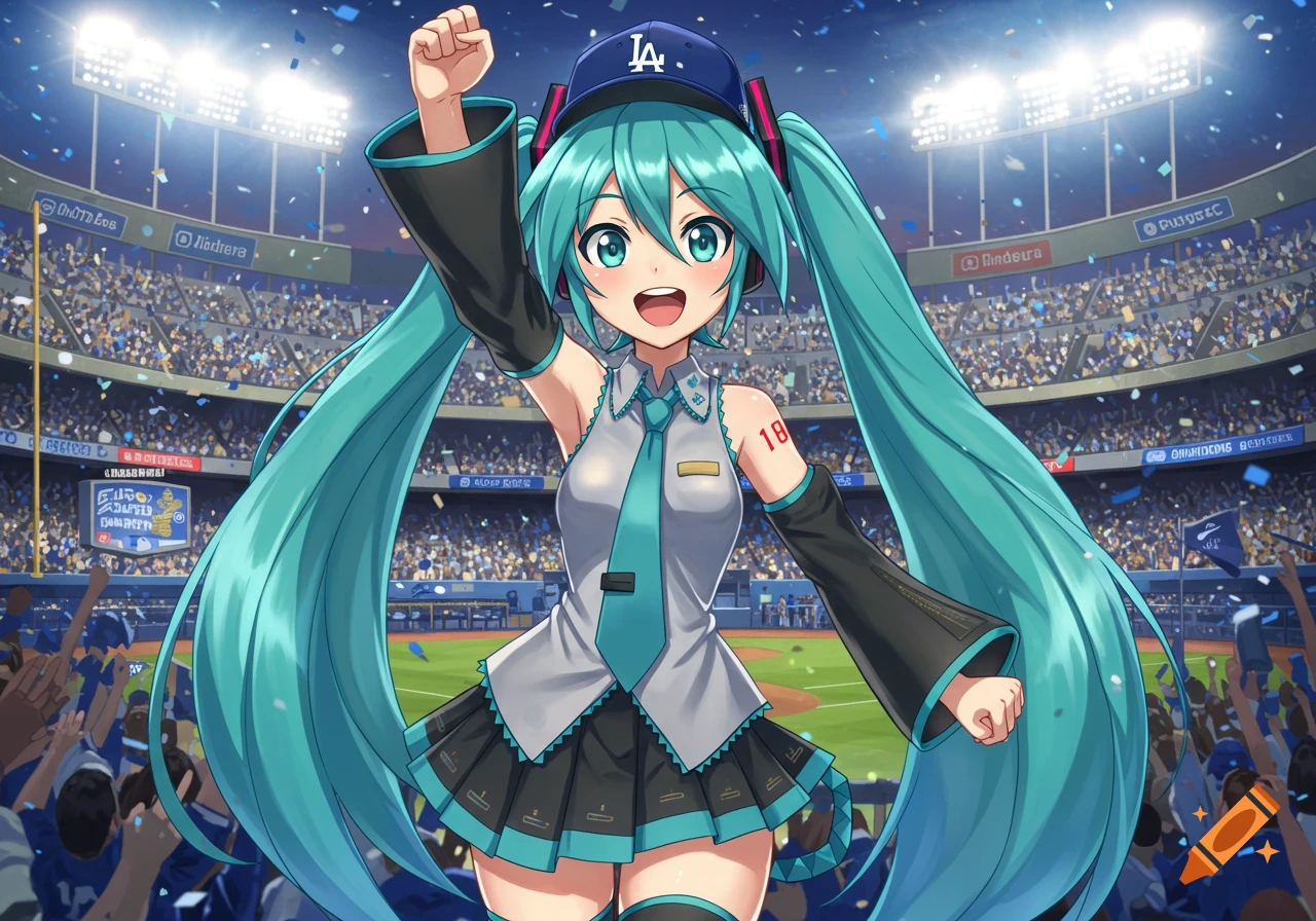 Hatsune Miku, an anime character with long turquoise pigtails, smiles and raises a fist in celebration at a baseball stadium. She wears a Dodgers cap and a uniform with a tie, standing before a cheering crowd and bright stadium lights.
