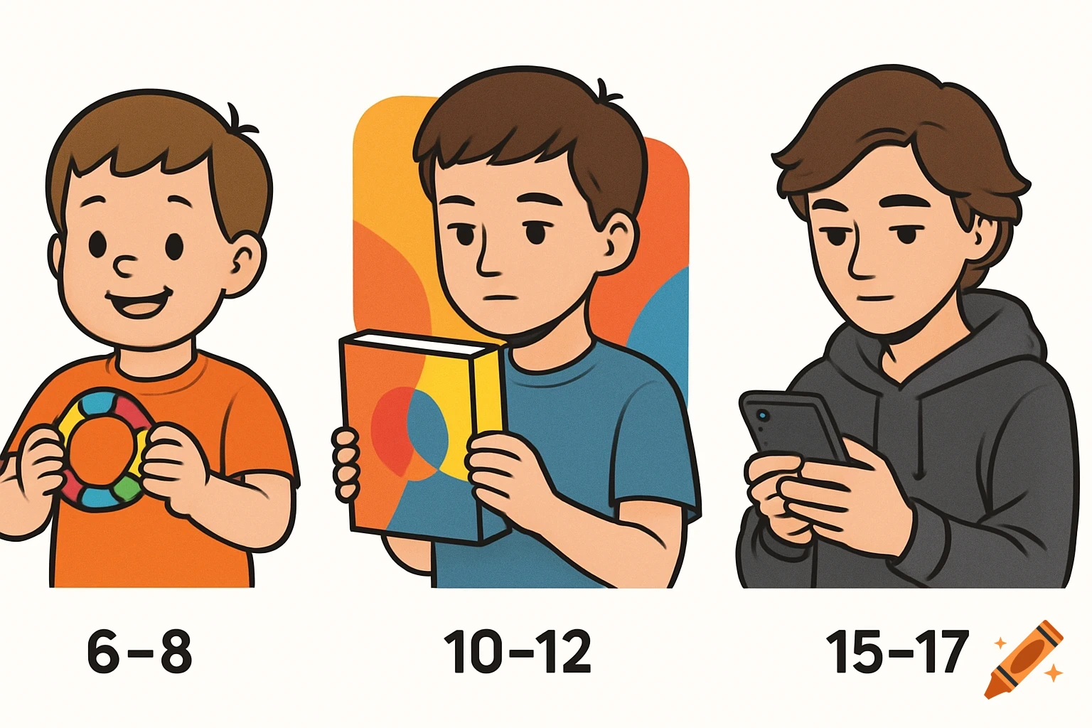 Educational illustration of three cartoon boys representing age groups 6-8 (toy), 10-12 (book), 15-17 (smartphone).