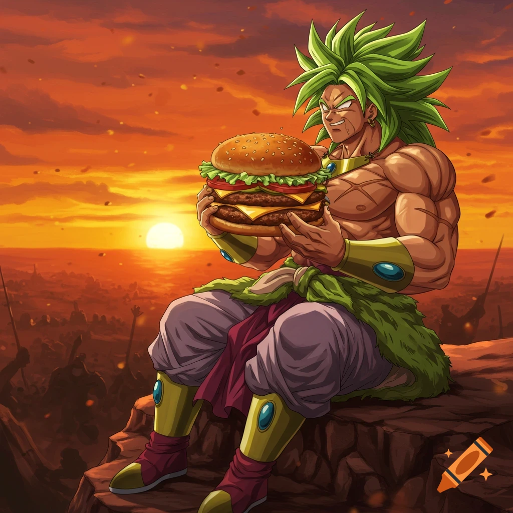 Broly, a muscular anime character with green spiky hair, sits on a cliff eating a large hamburger at sunset.
