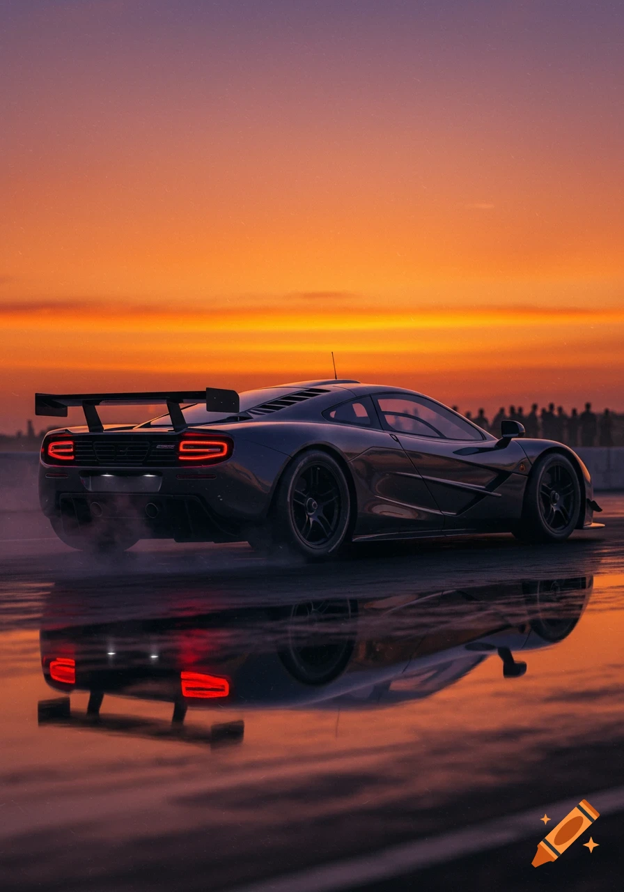 A dark gray McLaren F1 sports car sits on a wet track, reflecting the car and an orange sunset with distant spectators.