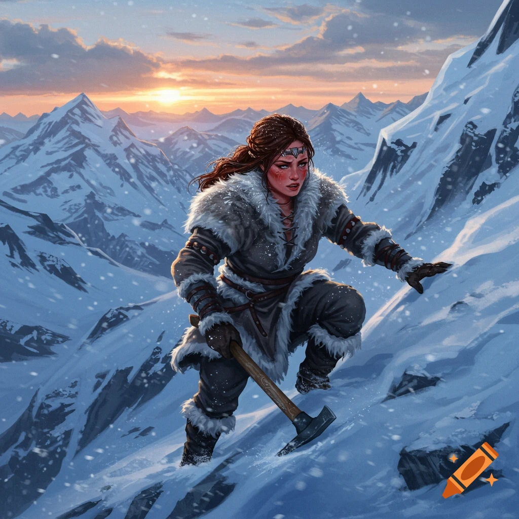 An illustration of a woman in a fur coat climbing a snowy mountain with an axe at sunset.