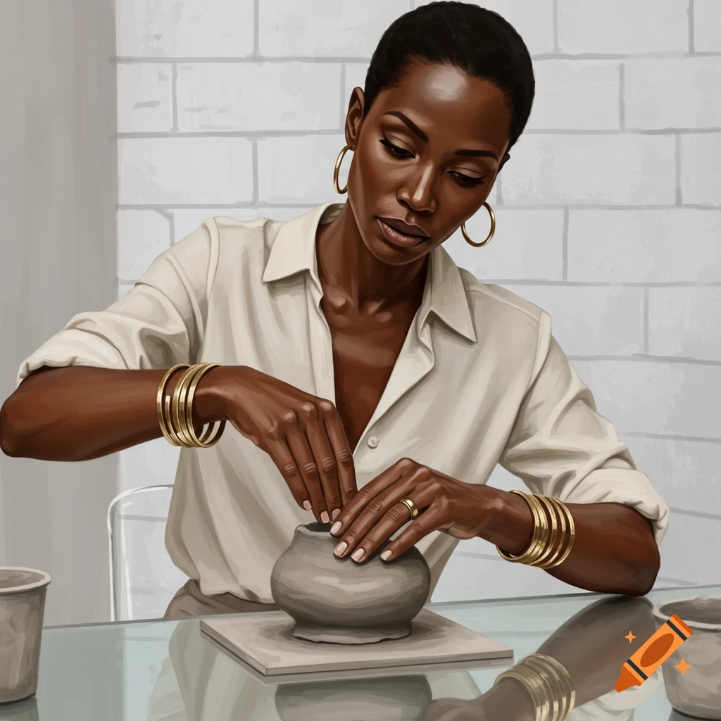 A stylish Black woman with gold bangles sculpts gray clay at a glass table in a modern setting, in a painterly style.