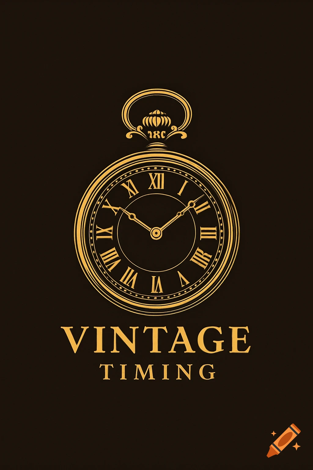 Elegant gold vintage pocket watch logo with Roman numerals on a dark brown background. Below the watch, the text reads "VINTAGE TIMING".
