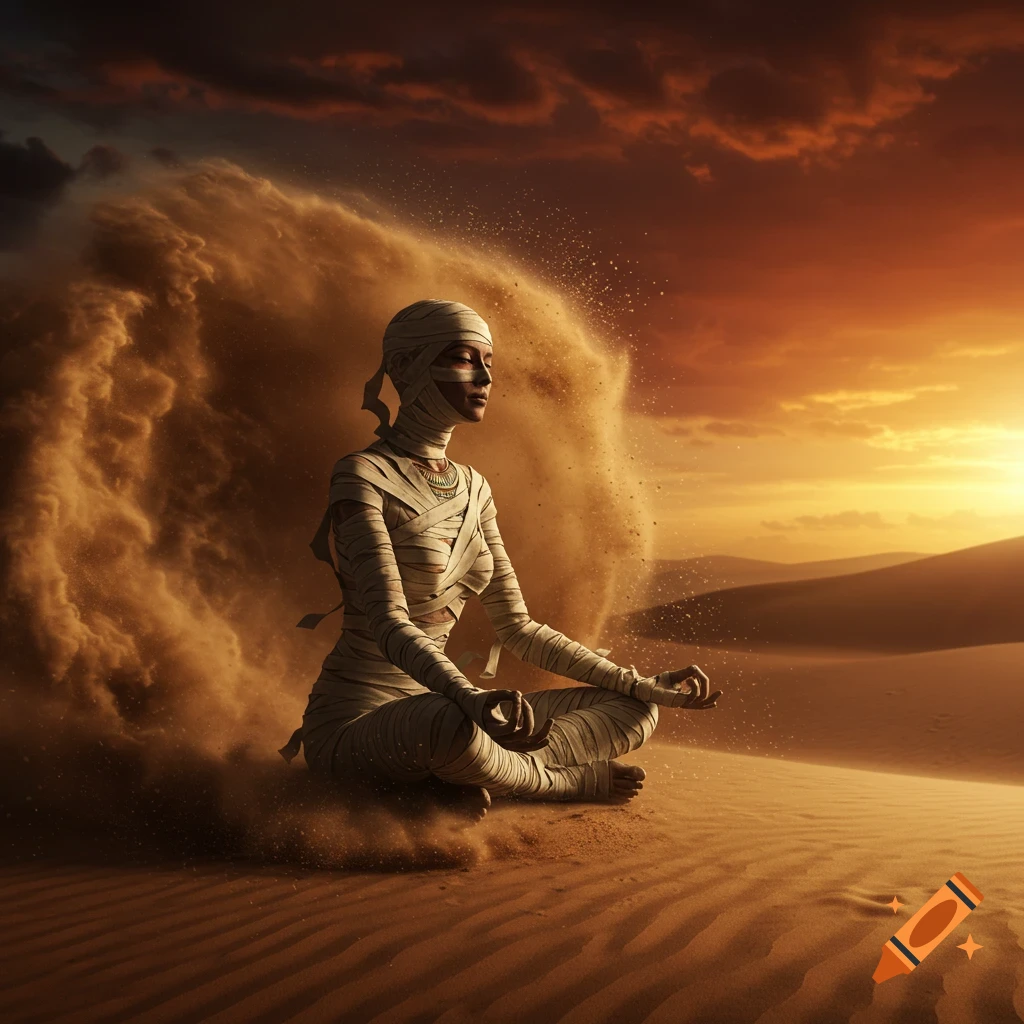Photorealistic mummy woman meditating in a desert dust storm with a red and orange sunset sky.