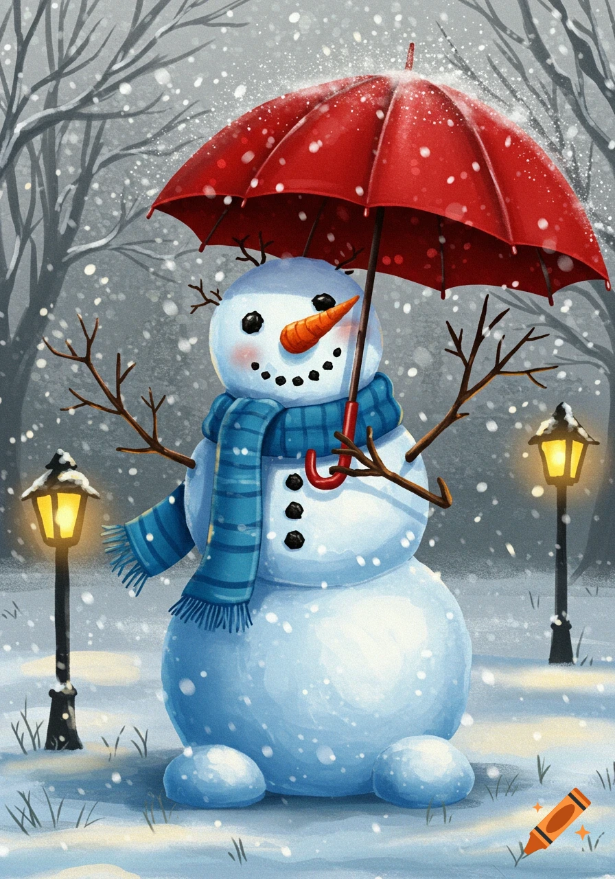 A cute snowman with a carrot nose, button eyes, and a blue striped scarf holds a red umbrella while snow falls around it, with two glowing streetlights.