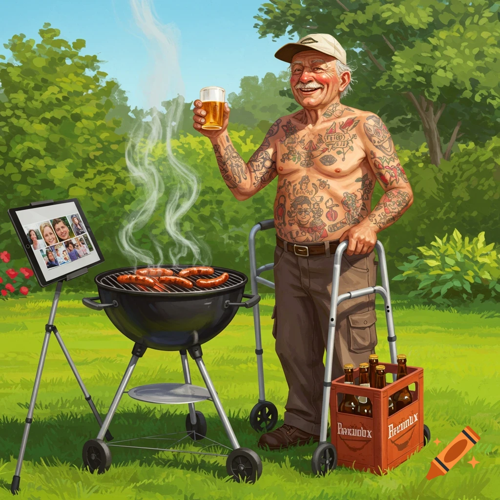 A heavily tattooed old man with a baseball cap holds a beer while grilling sausages outdoors, with a tablet displaying a video call next to the grill and a crate of beer attached to his walker.