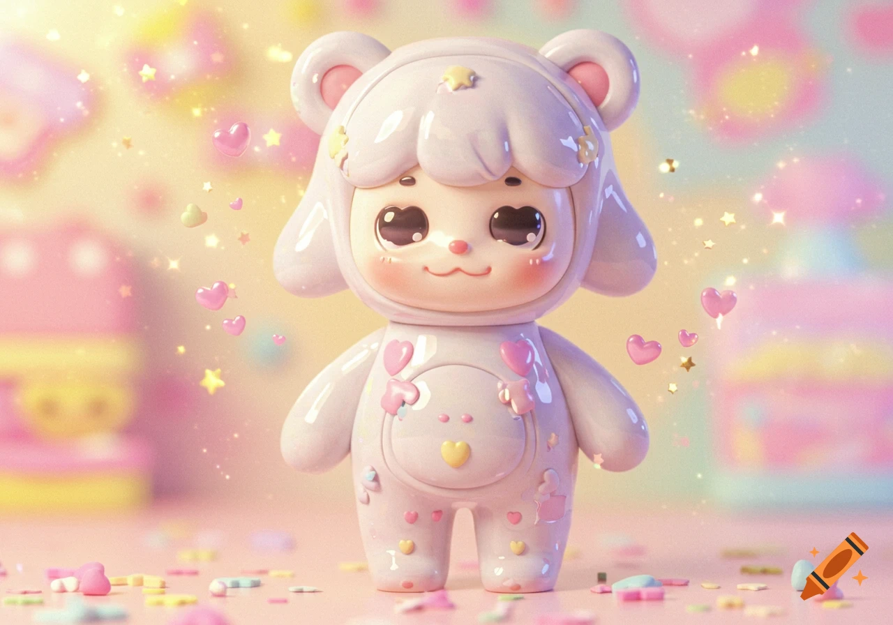 A cute pastel purple cartoon toy character with big eyes and a bear hood stands in a dreamy pink and yellow setting with floating hearts and sparkling stars.